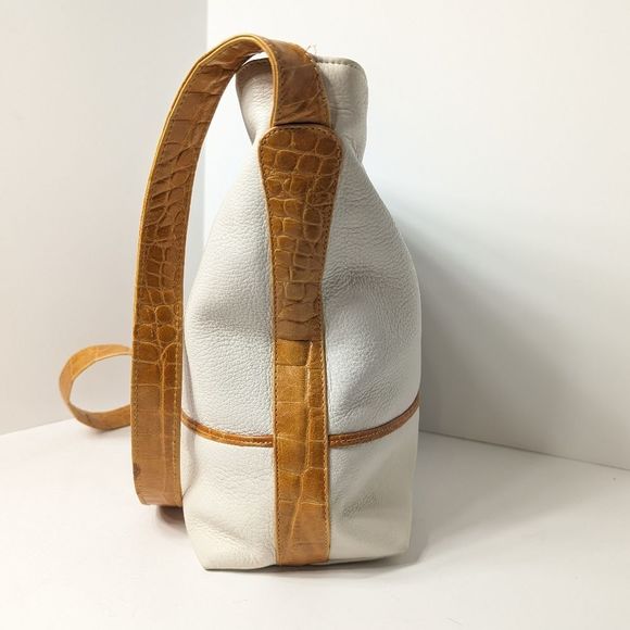 Vintage Cream Leather Shoulder Crossbody Bag Croc Print Trim Susan Gail - Picture 7 of 14